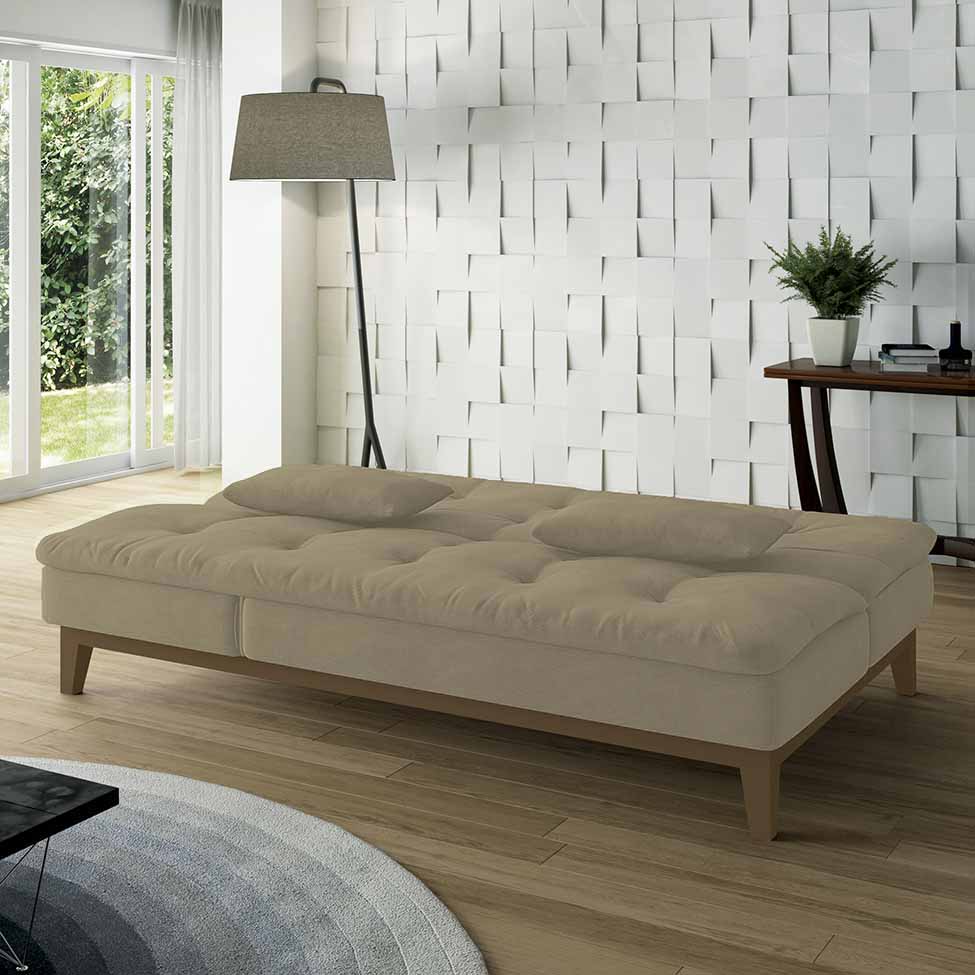 Sofá-Cama 3 Lugares Casal Amanda com Pés de Madeira Suede Bege
