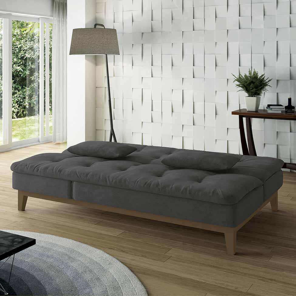 Sofá-Cama 3 Lugares Casal Amanda com Pés de Madeira Suede Cinza