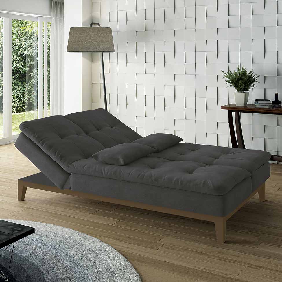Sofá-Cama 3 Lugares Casal Amanda com Pés de Madeira Suede Cinza