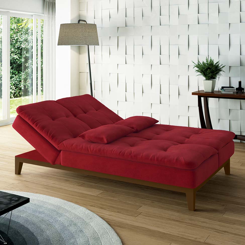 Sofá-Cama 3 Lugares Casal Amanda com Pés de Madeira Suede Vermelho
