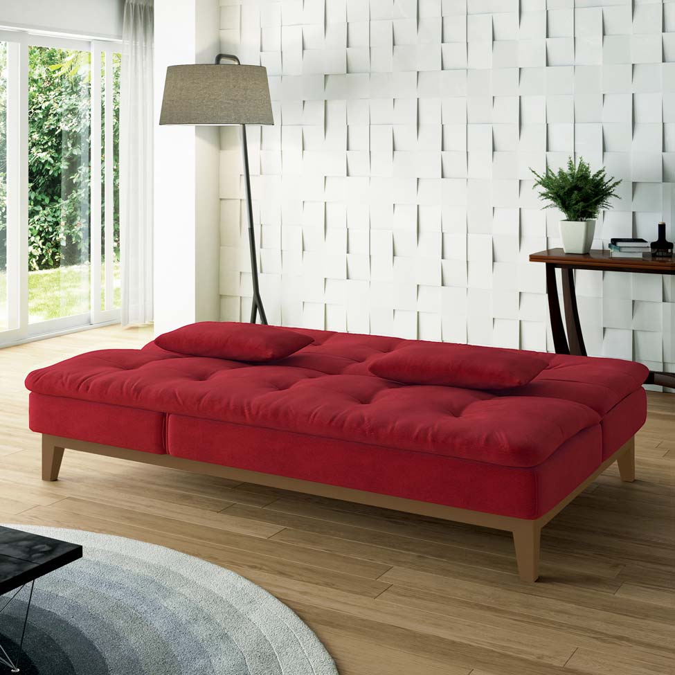 Sofá-Cama 3 Lugares Casal Amanda com Pés de Madeira Suede Vermelho
