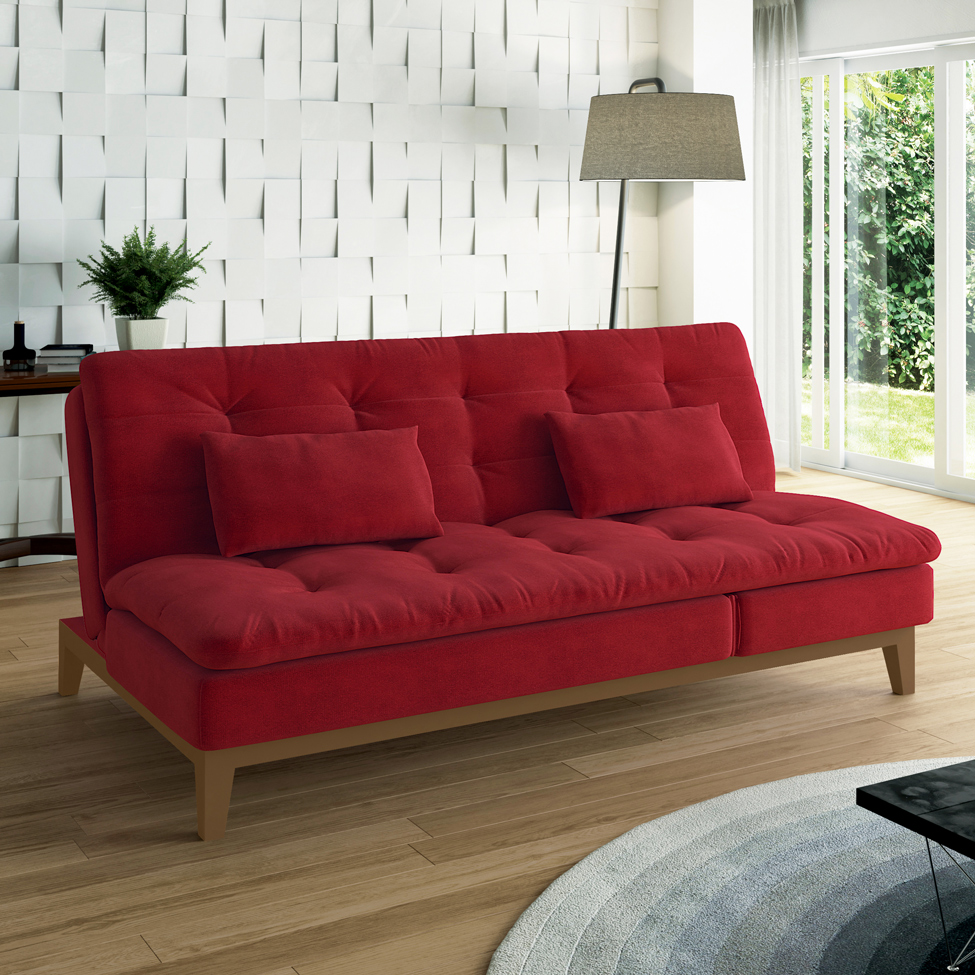 Sofá-Cama 3 Lugares Casal Amanda com Pés de Madeira Suede Vermelho