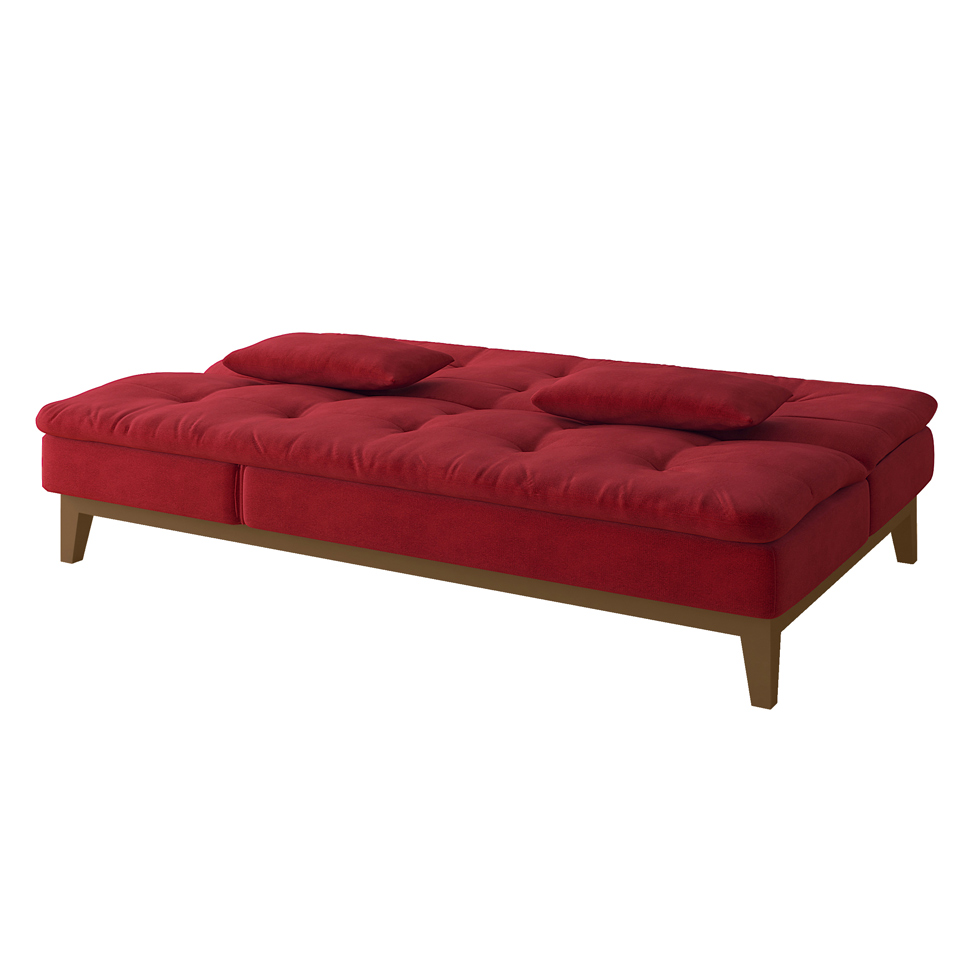 Sofá-Cama 3 Lugares Casal Amanda com Pés de Madeira Suede Vermelho