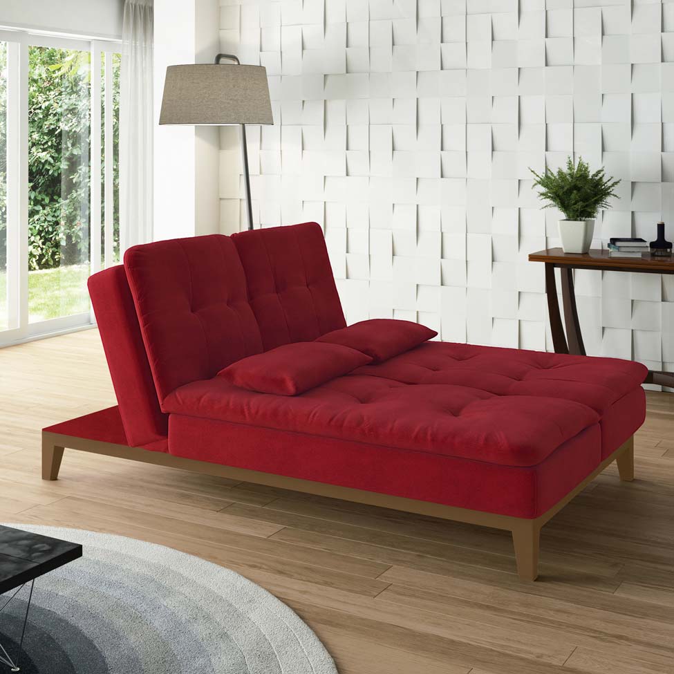 Sofá-Cama 3 Lugares Casal Amanda com Pés de Madeira Suede Vermelho