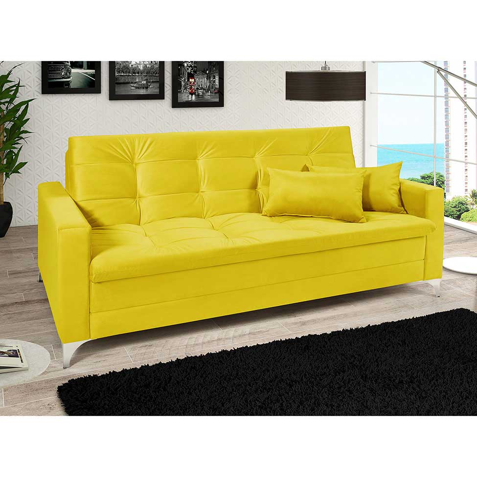 Sofá-Cama 3 Lugares Casal Facility Veludo Amarelo