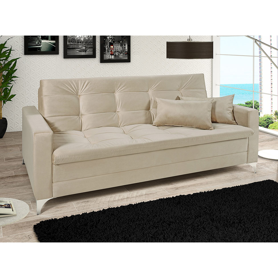 Sofá-Cama 3 Lugares Casal Facility Veludo Bege