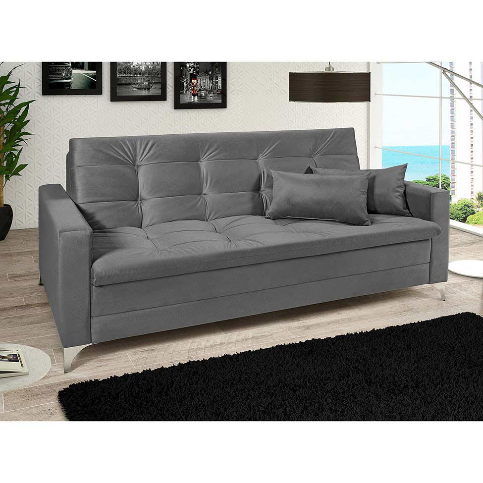 Sofá-Cama 3 Lugares Casal Facility Veludo Cinza