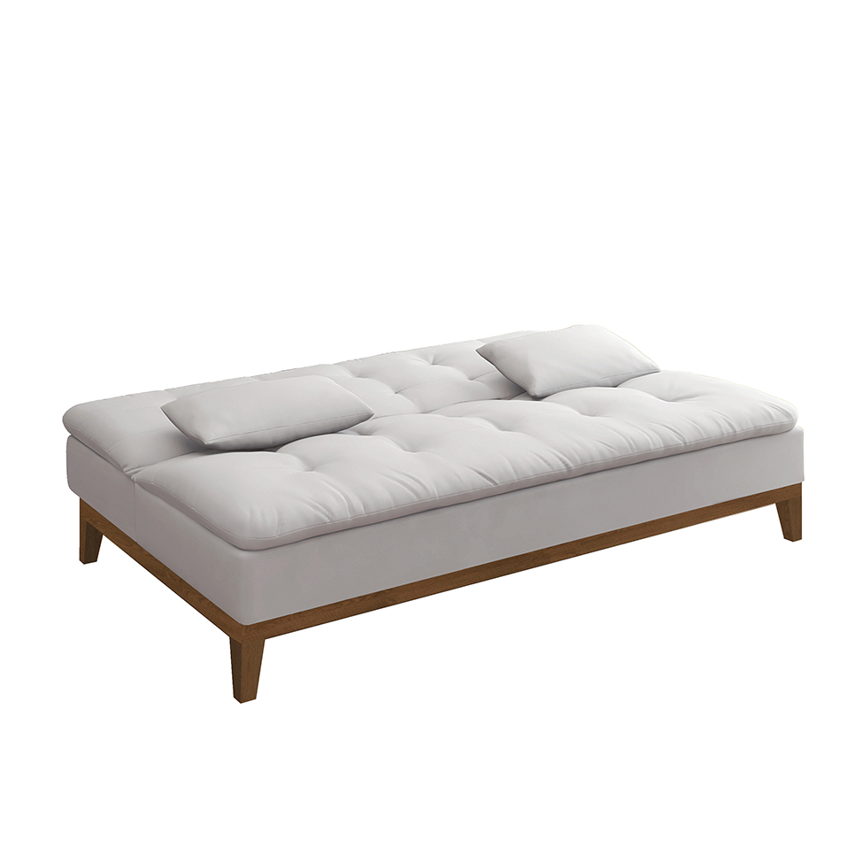 Sofá-Cama 3 Lugares Casal Premium Base e Pés de Madeira Branco