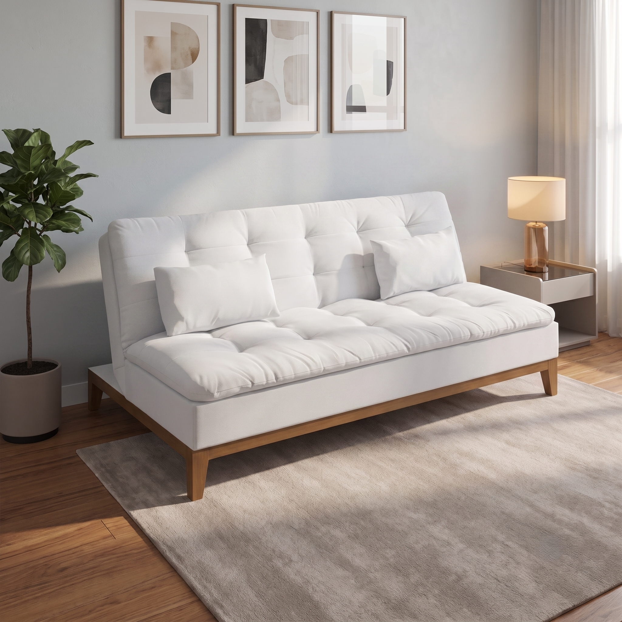 Sofá-Cama 3 Lugares Casal Premium Base e Pés de Madeira Branco