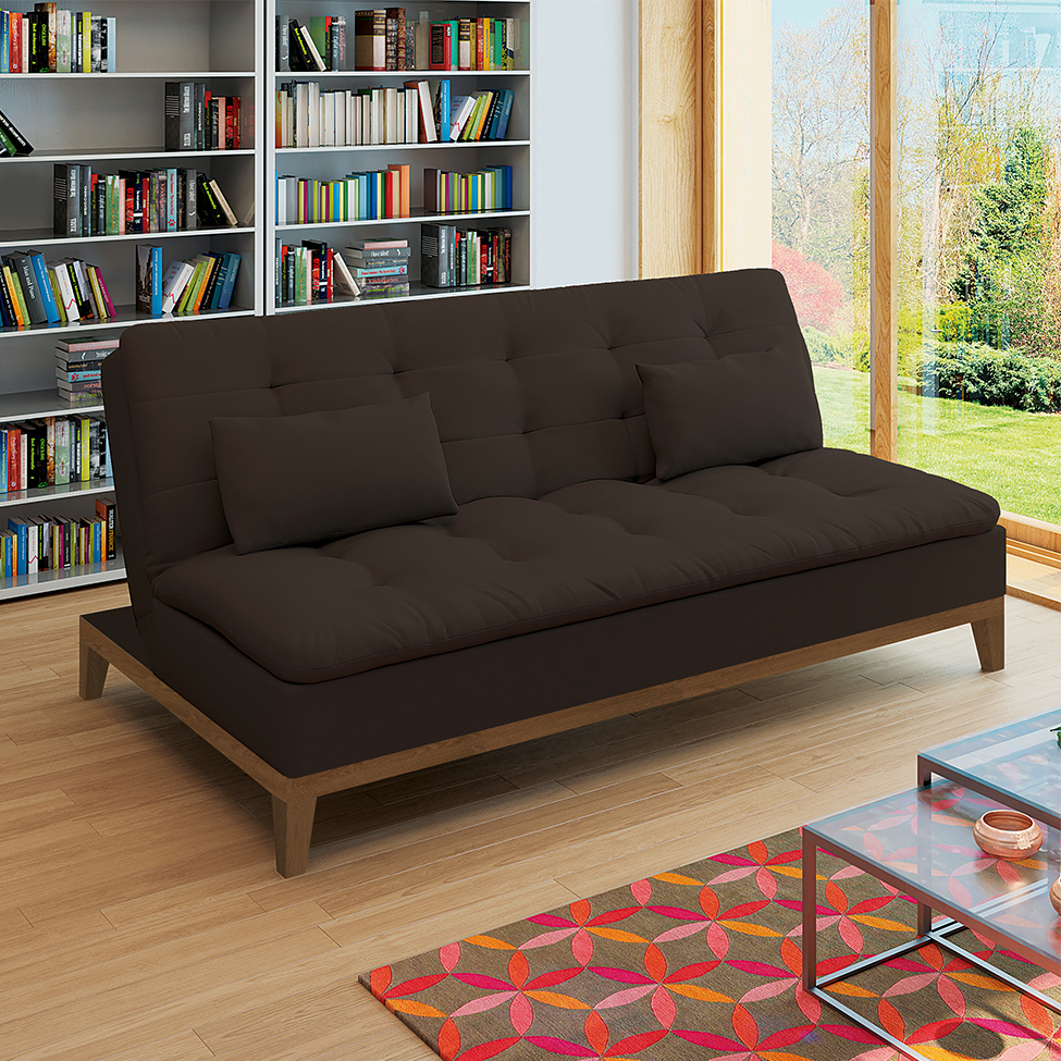 Sofá-Cama 3 Lugares Casal Premium Base e Pés de Madeira Café