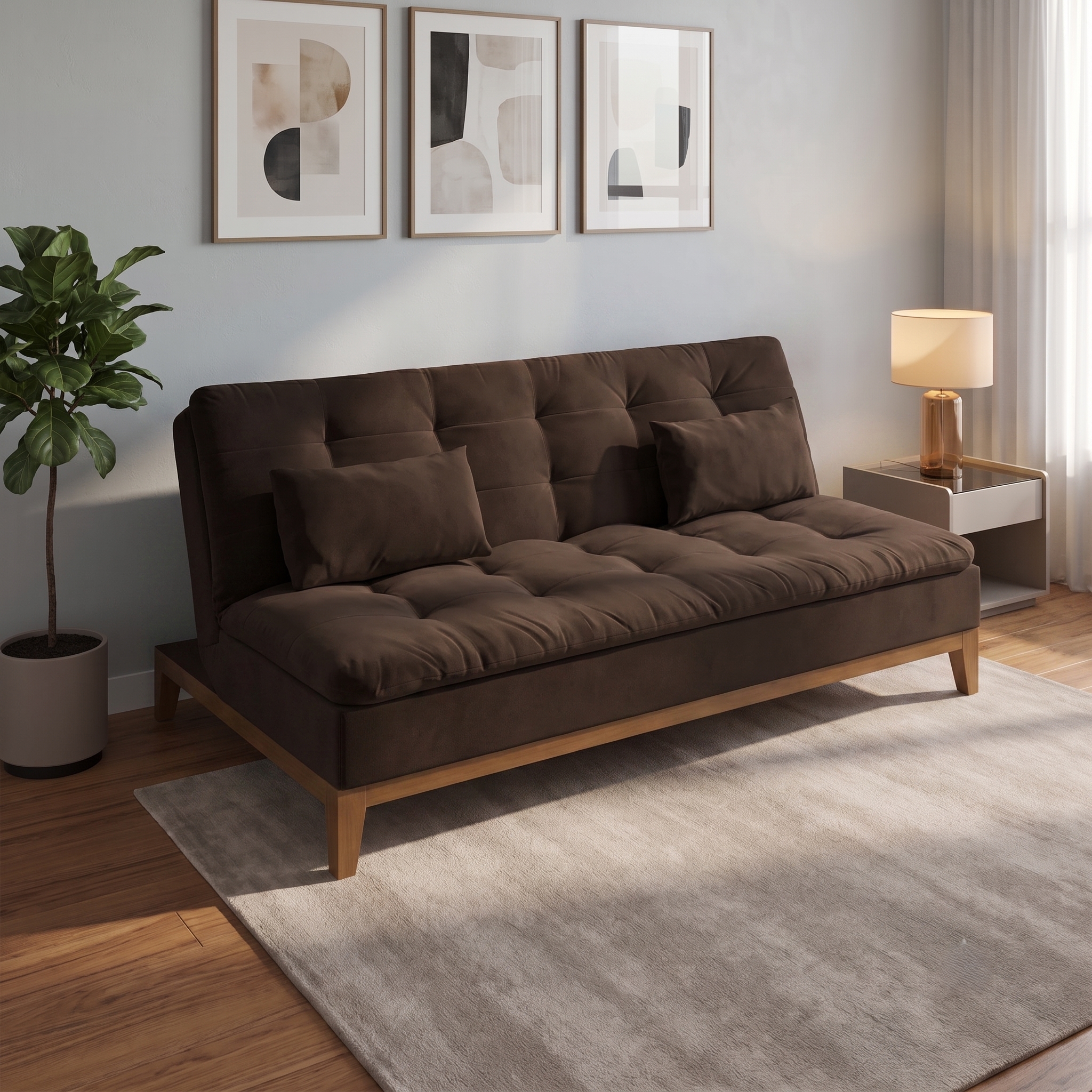 Sofá-Cama 3 Lugares Casal Premium Base e Pés de Madeira Café