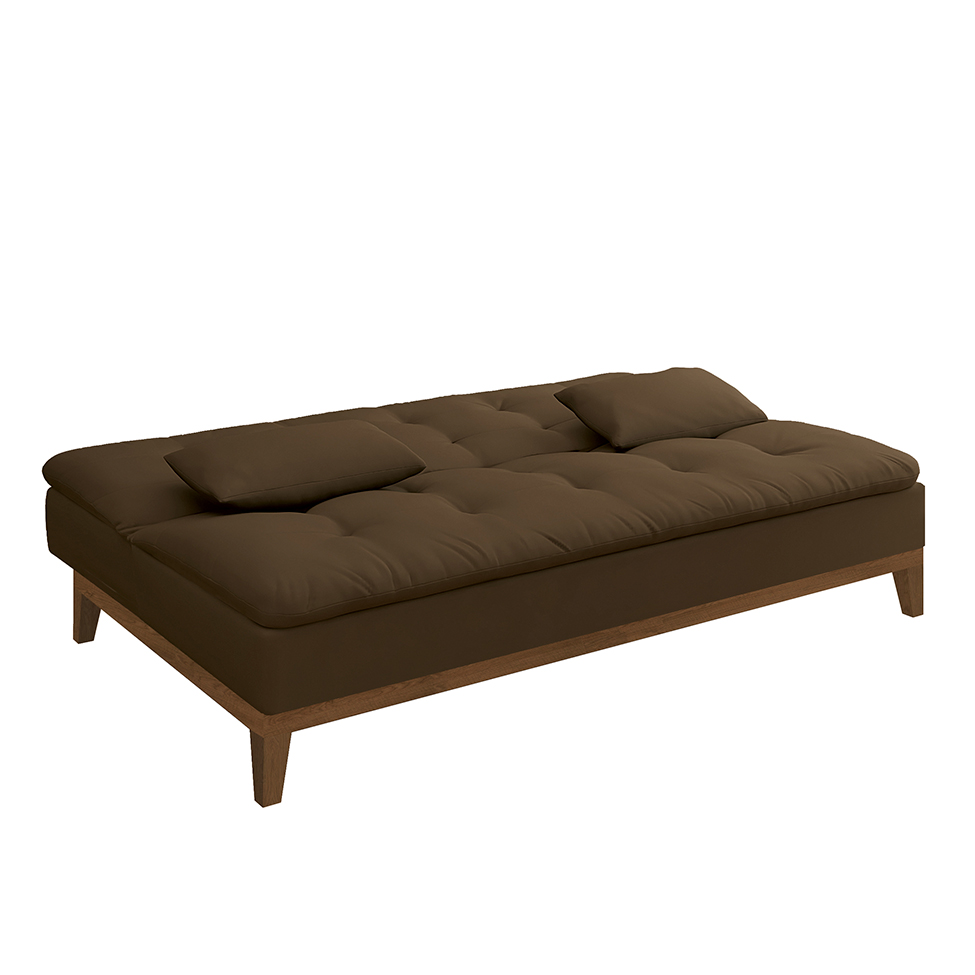 Sofá-Cama 3 Lugares Casal Premium Base e Pés de Madeira Marrom
