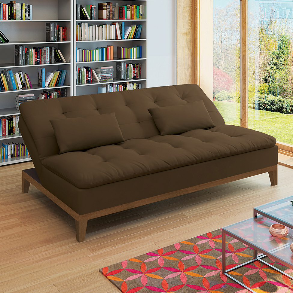 Sofá-Cama 3 Lugares Casal Premium Base e Pés de Madeira Marrom