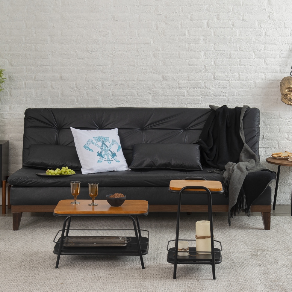 Sofá-Cama 3 Lugares Casal Premium Base e Pés de Madeira Preto