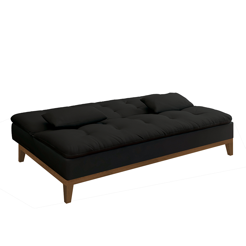 Sofá-Cama 3 Lugares Casal Premium Base e Pés de Madeira Preto