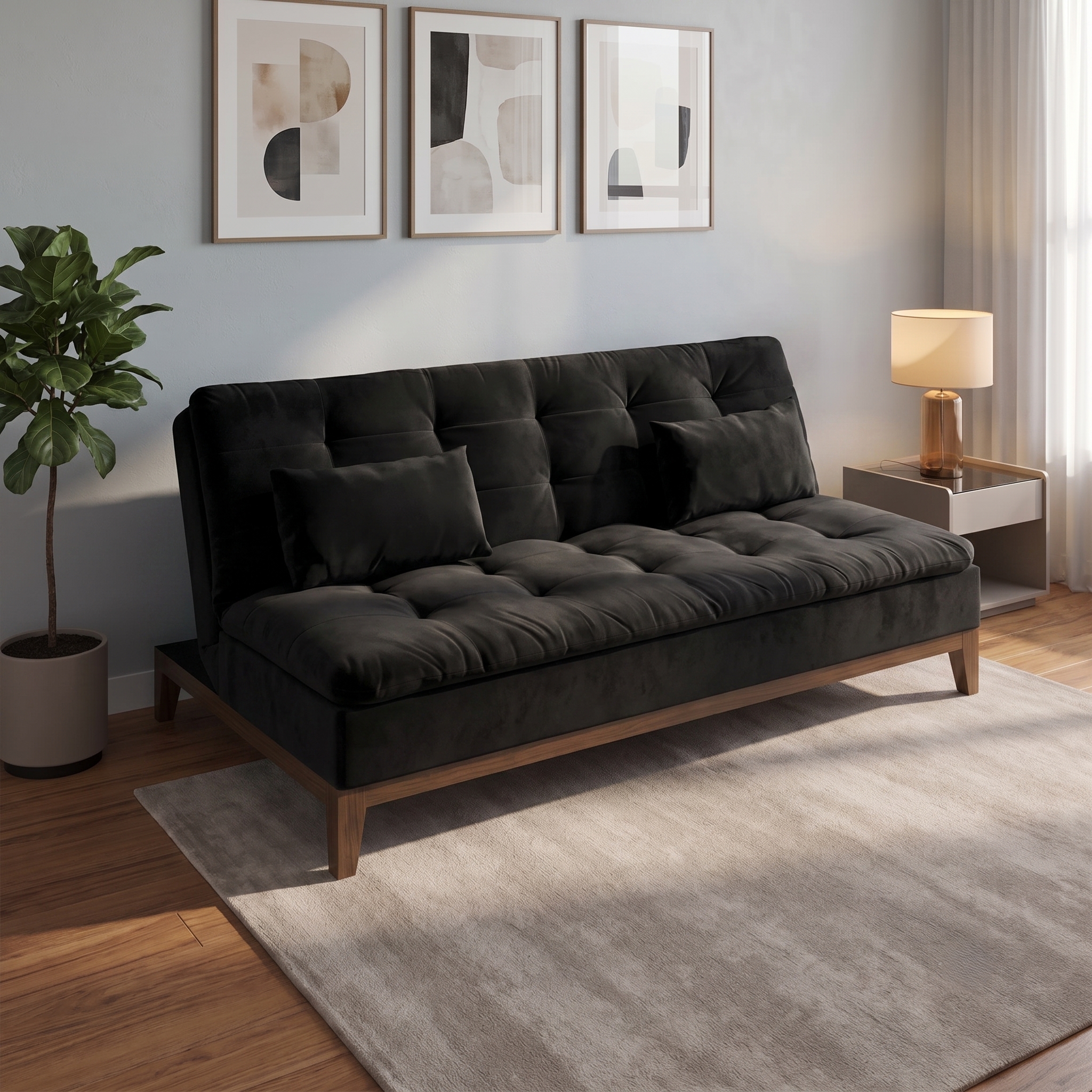 Sofá-Cama 3 Lugares Casal Premium Base e Pés de Madeira Preto