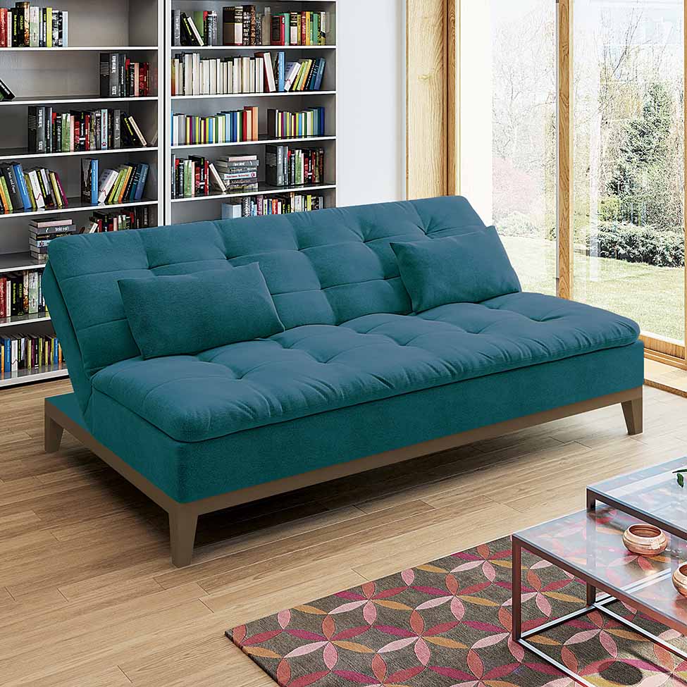 Sofá-Cama 3 Lugares Casal Premium Base e Pés de Madeira Suede Azul