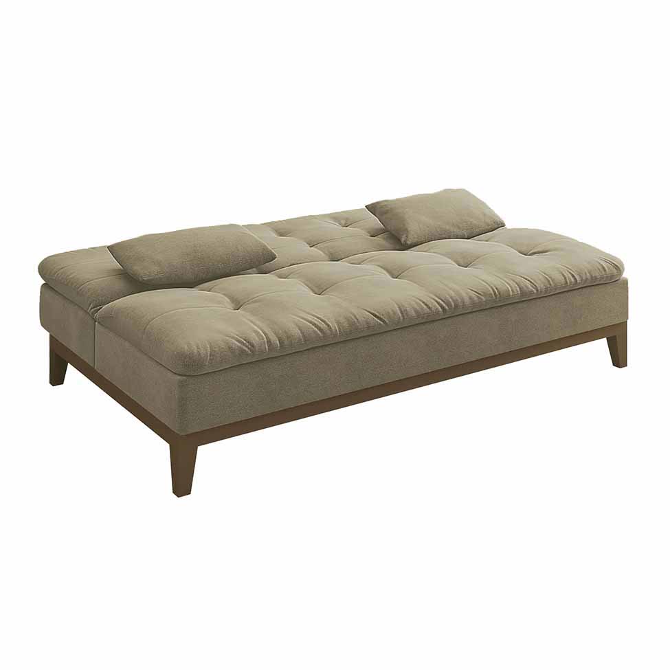 Sofá-Cama 3 Lugares Casal Premium Base e Pés de Madeira Suede Bege