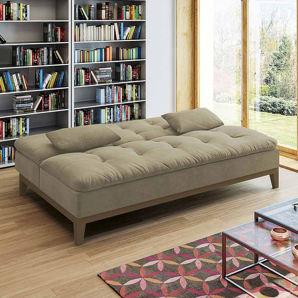 Sofá-Cama 3 Lugares Casal Premium Base e Pés de Madeira Suede Bege