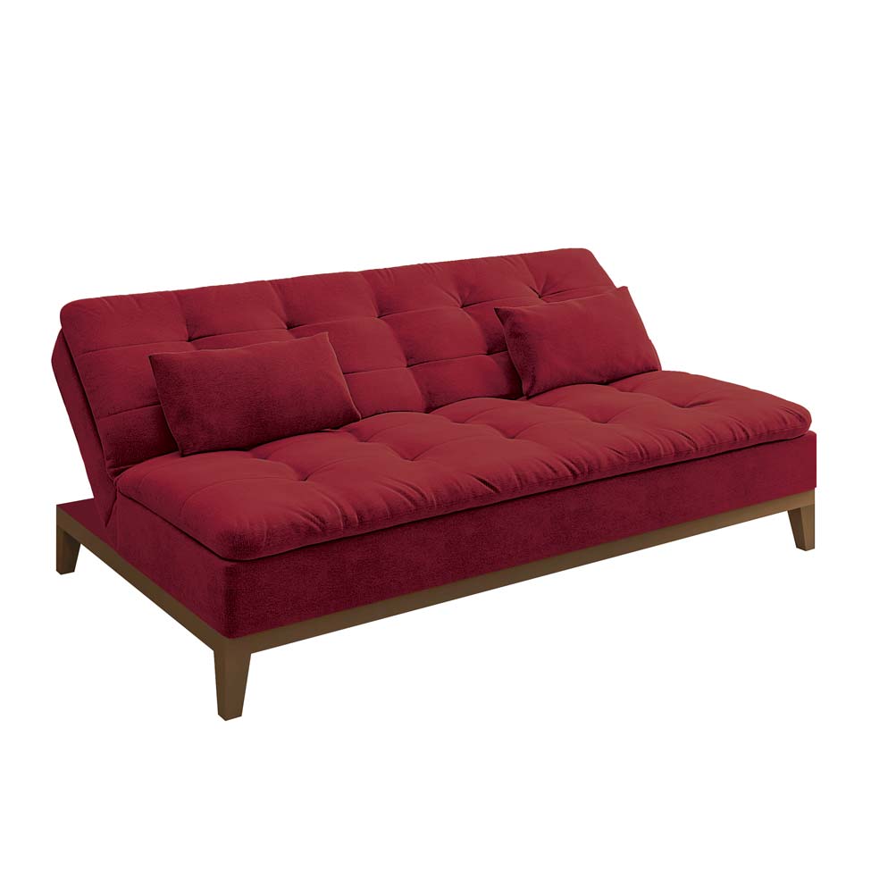 Sofá-Cama 3 Lugares Casal Premium Base e Pés de Madeira Suede Vermelho