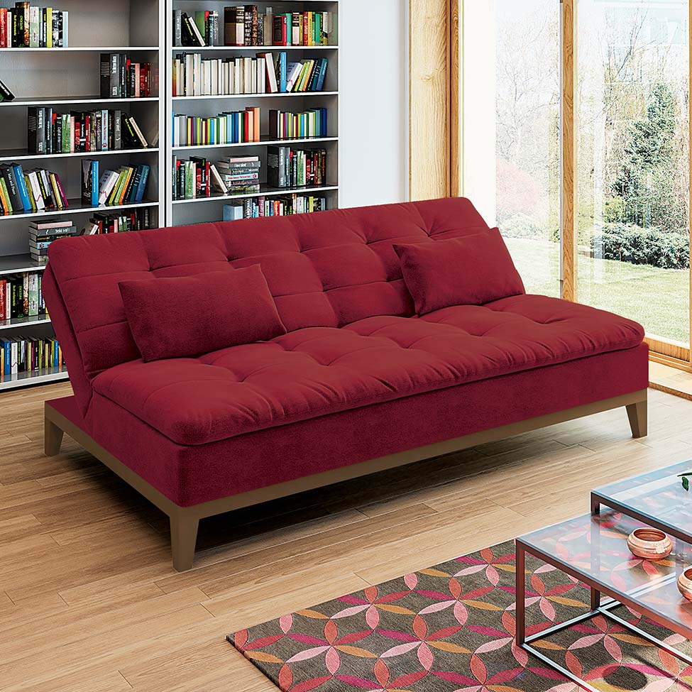 Sofá-Cama 3 Lugares Casal Premium Base e Pés de Madeira Suede Vermelho