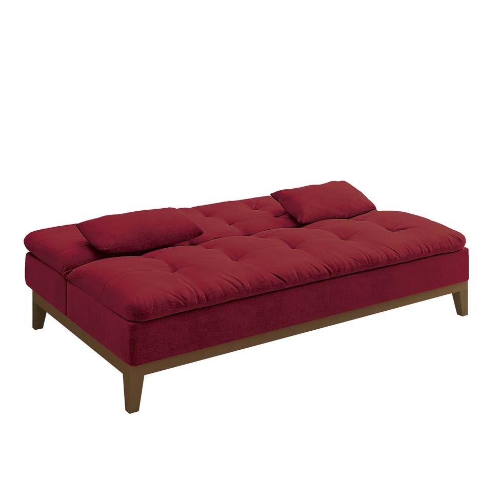 Sofá-Cama 3 Lugares Casal Premium Base e Pés de Madeira Suede Vermelho