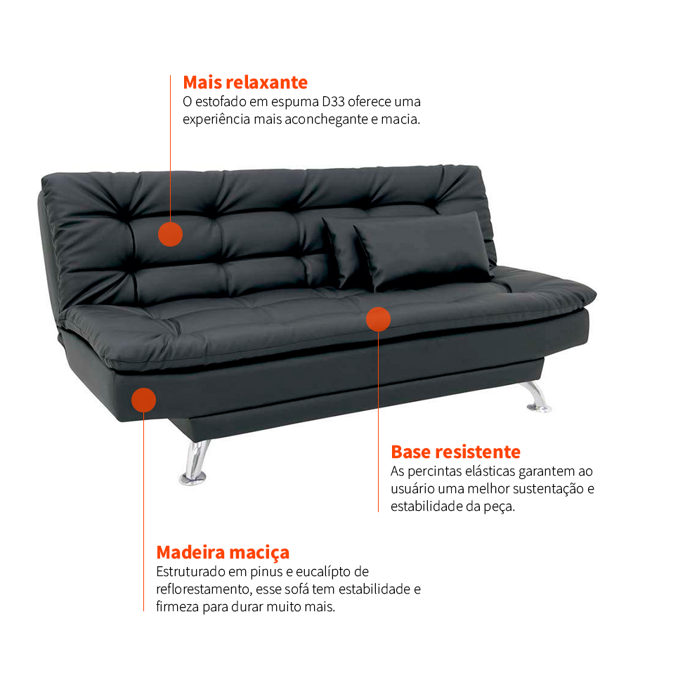 Sofá-Cama 3 Lugares Casal Premium Preto