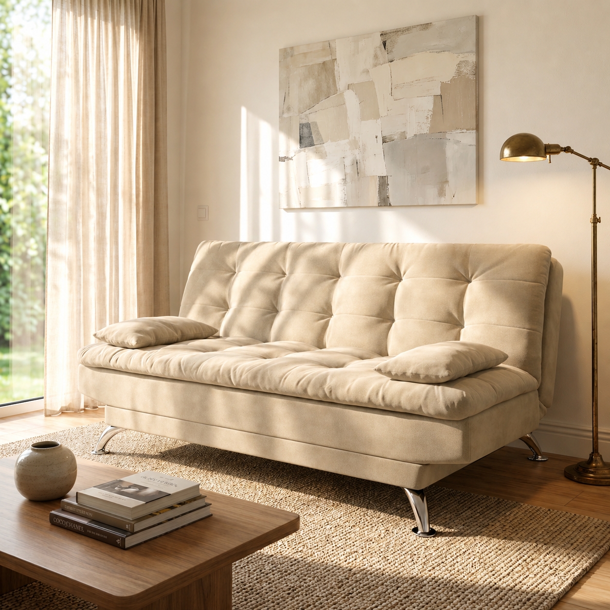 Sofá-Cama 3 Lugares Casal Premium Suede Velvet Bege