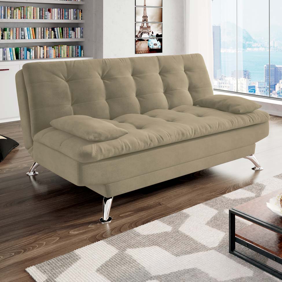 Sofá-Cama 3 Lugares Casal Premium Suede Velvet Bege
