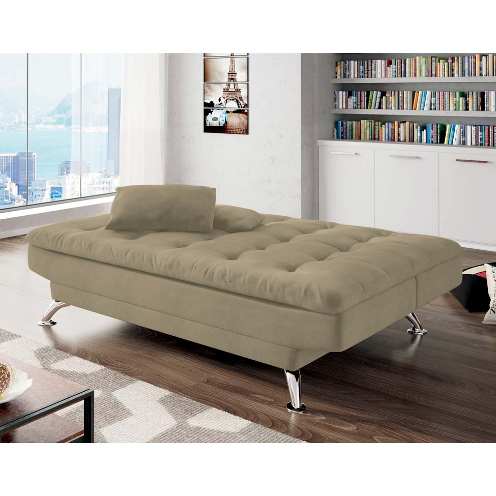 Sofá-Cama 3 Lugares Casal Premium Suede Velvet Bege