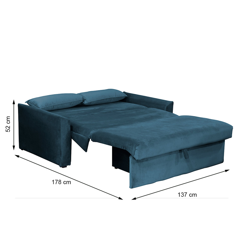 Sofá-Cama Casal 2 Lugares Cristal Veludo com Baú e Almofadas Azul