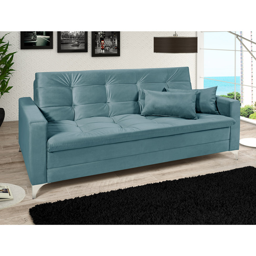 Sofá-Cama Casal 3 Lugares Facility Veludo Azul Turquesa