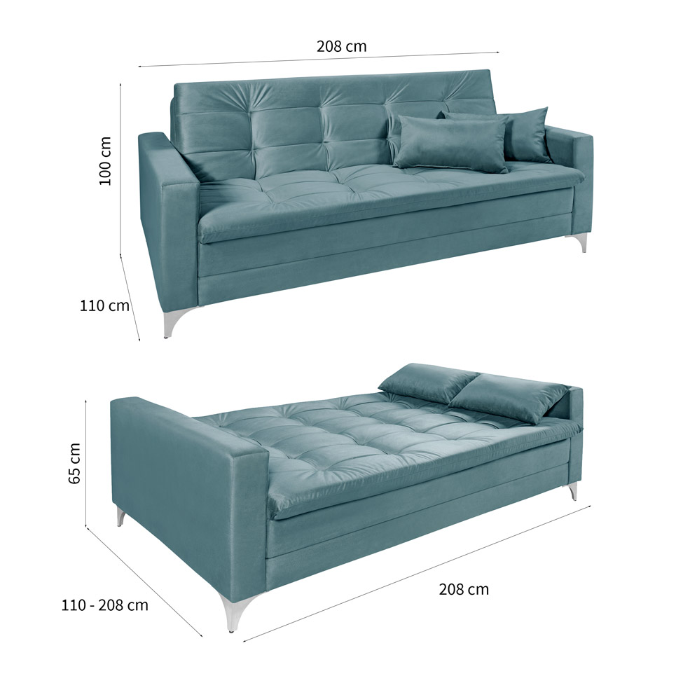 Sofá-Cama Casal 3 Lugares Facility Veludo Azul Turquesa