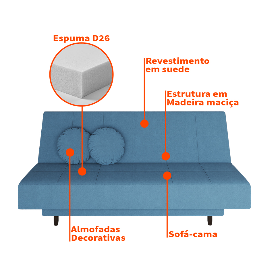 Sofá-Cama Casal 3 Lugares Jimmy Suede Azul Jeans