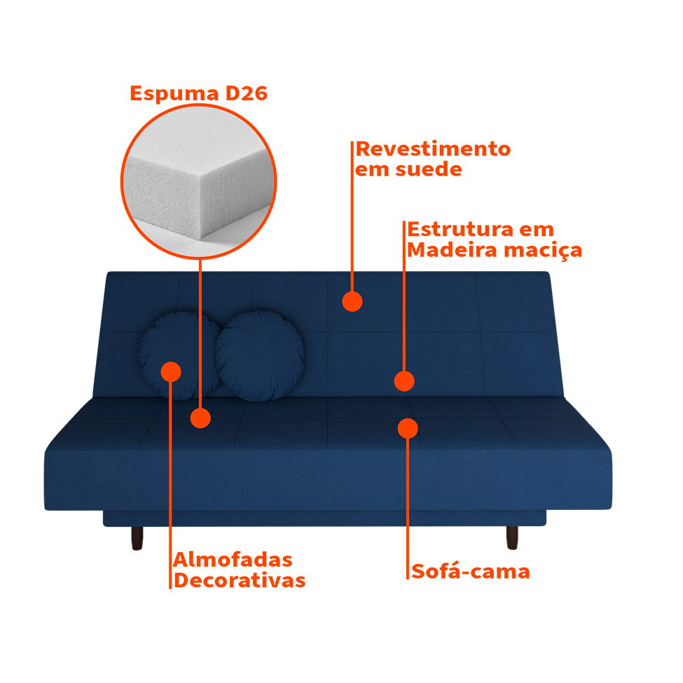 Sofá-Cama Casal 3 Lugares Jimmy Suede Azul Marinho