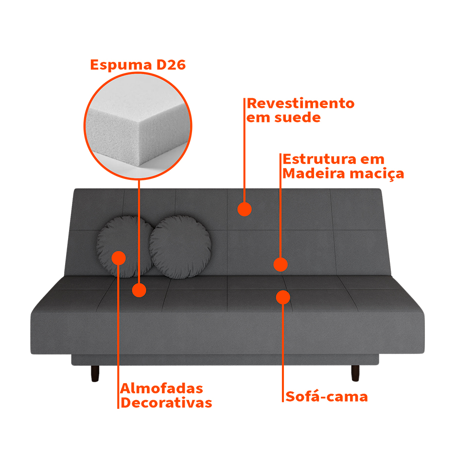 Sofá-Cama Casal 3 Lugares Jimmy Suede Grafite