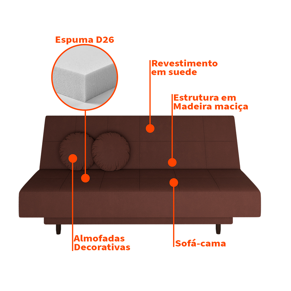 Sofá-Cama Casal 3 Lugares Jimmy Suede Marrom