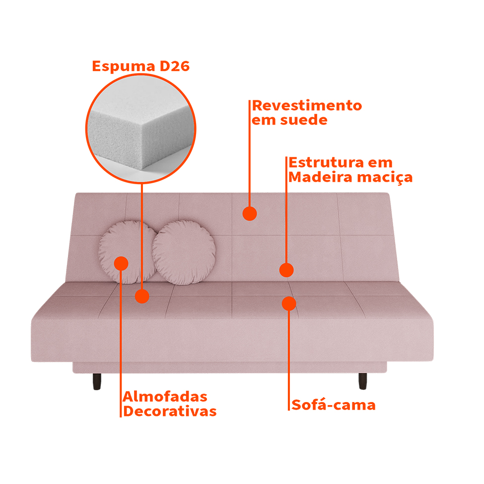 Sofá-Cama Casal 3 Lugares Jimmy Suede Rosa Claro