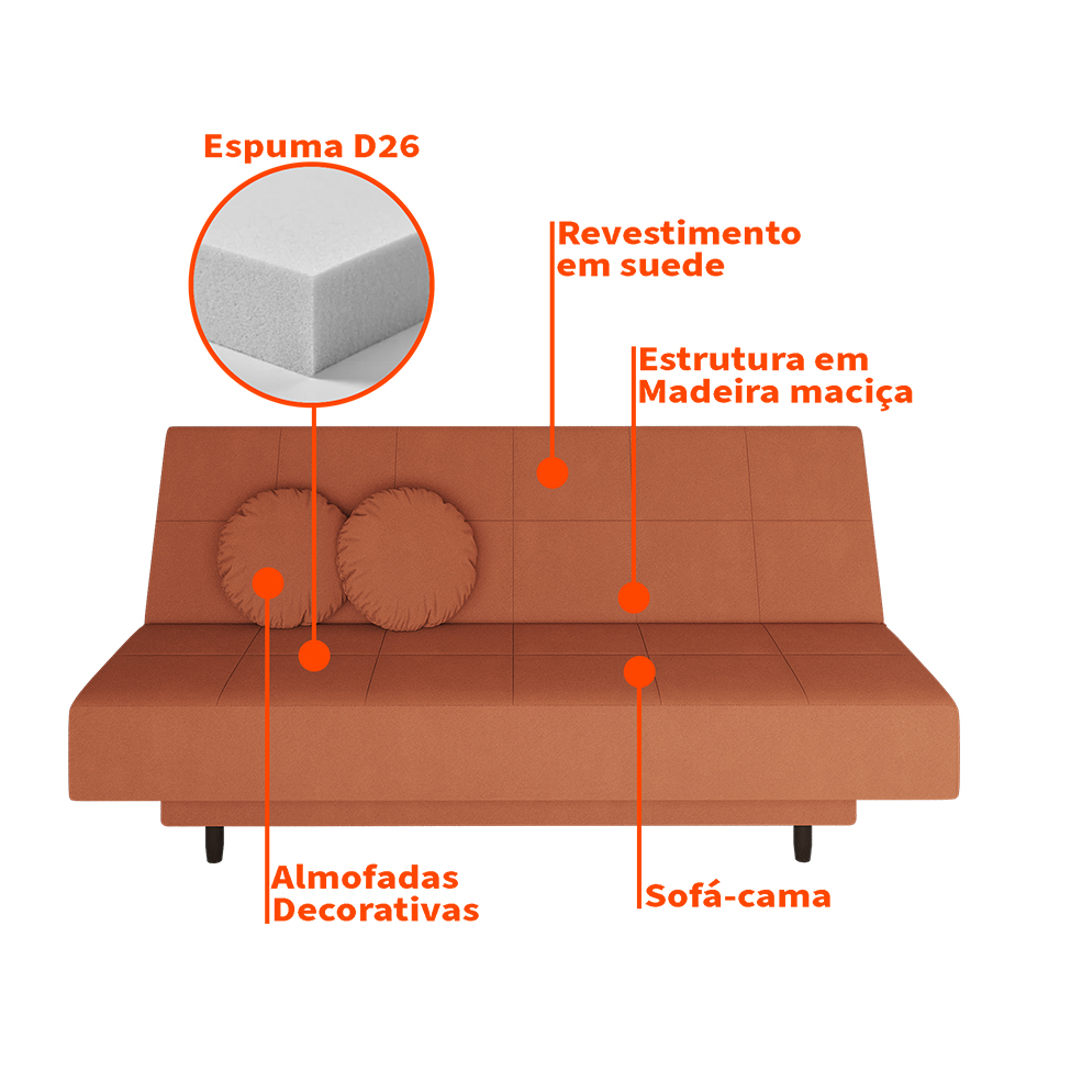 Sofá-Cama Casal 3 Lugares Jimmy Suede Terracota
