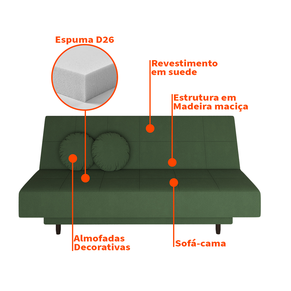 Sofá-Cama Casal 3 Lugares Jimmy Suede Verde