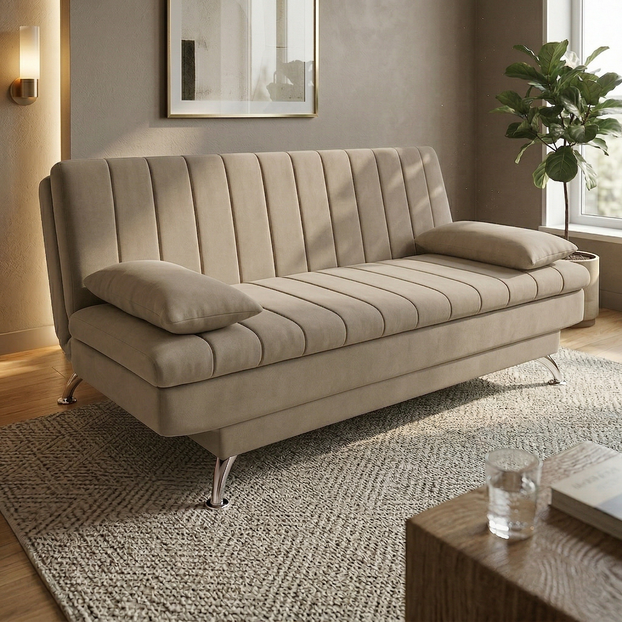 Sofá-Cama Casal 3 Lugares Paiva Suede Bege