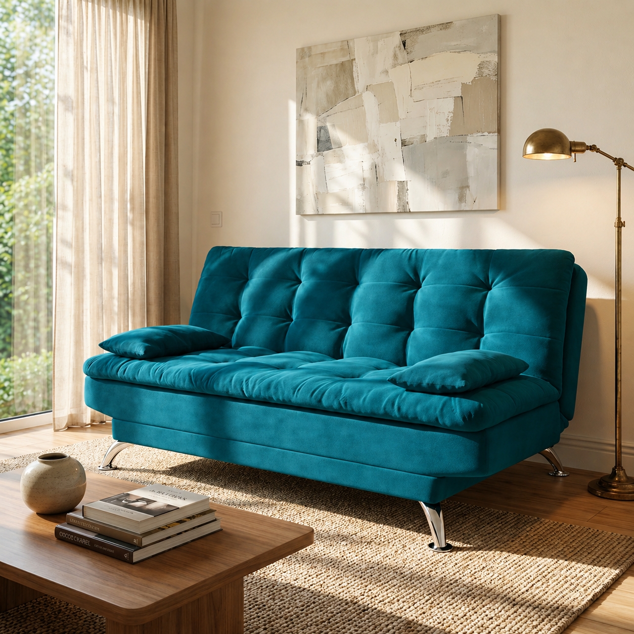 Sofá-Cama Casal 3 Lugares Premium A2 Suede Azul Turquesa