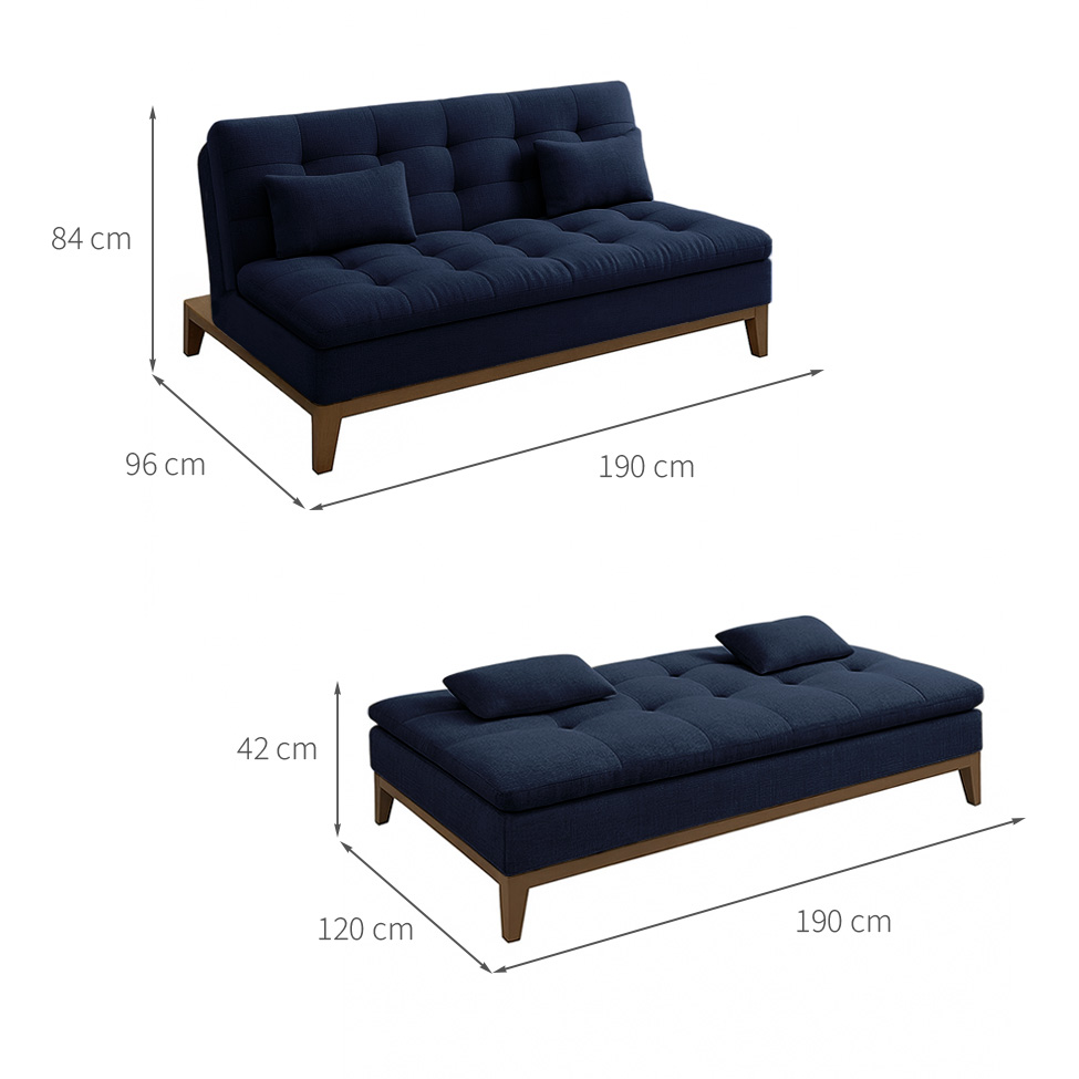 Sofá-Cama Casal 3 Lugares Premium Base e Pés de Madeira Linho Azul Marinho