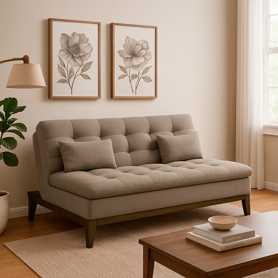 Sofá-Cama Casal 3 Lugares Premium Base e Pés de Madeira Linho Bege