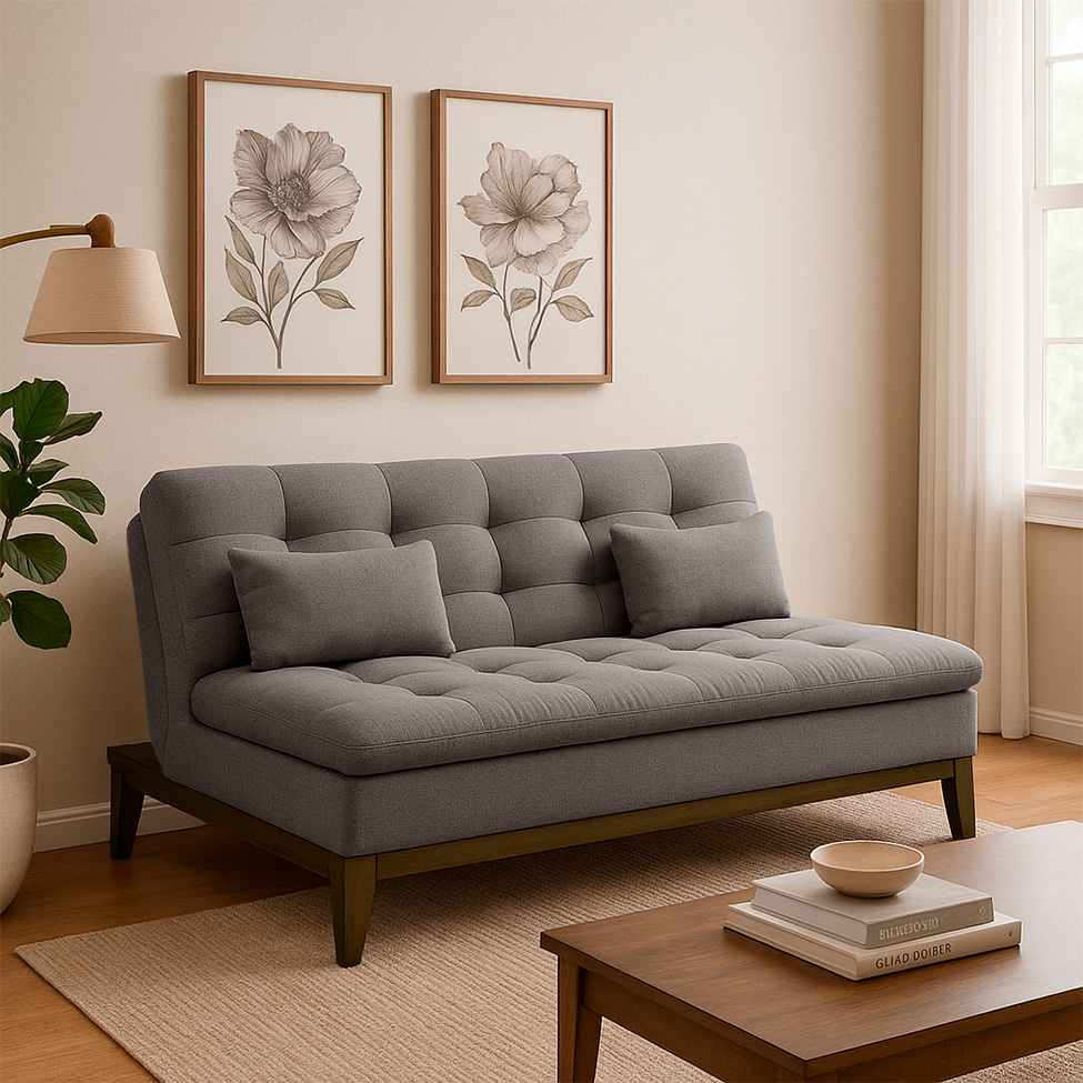 Sofá-Cama Casal 3 Lugares Premium Base e Pés de Madeira Linho Cinza