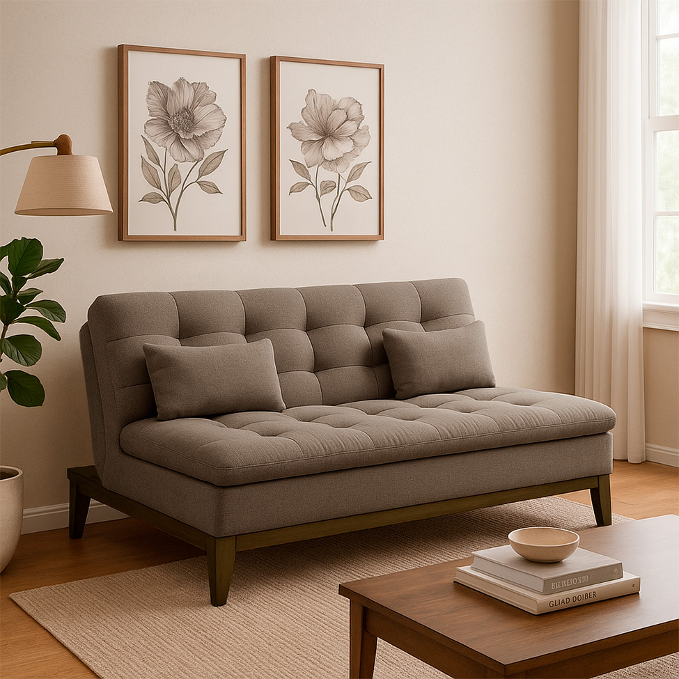 Sofá-Cama Casal 3 Lugares Premium Base e Pés de Madeira Linho Marrom