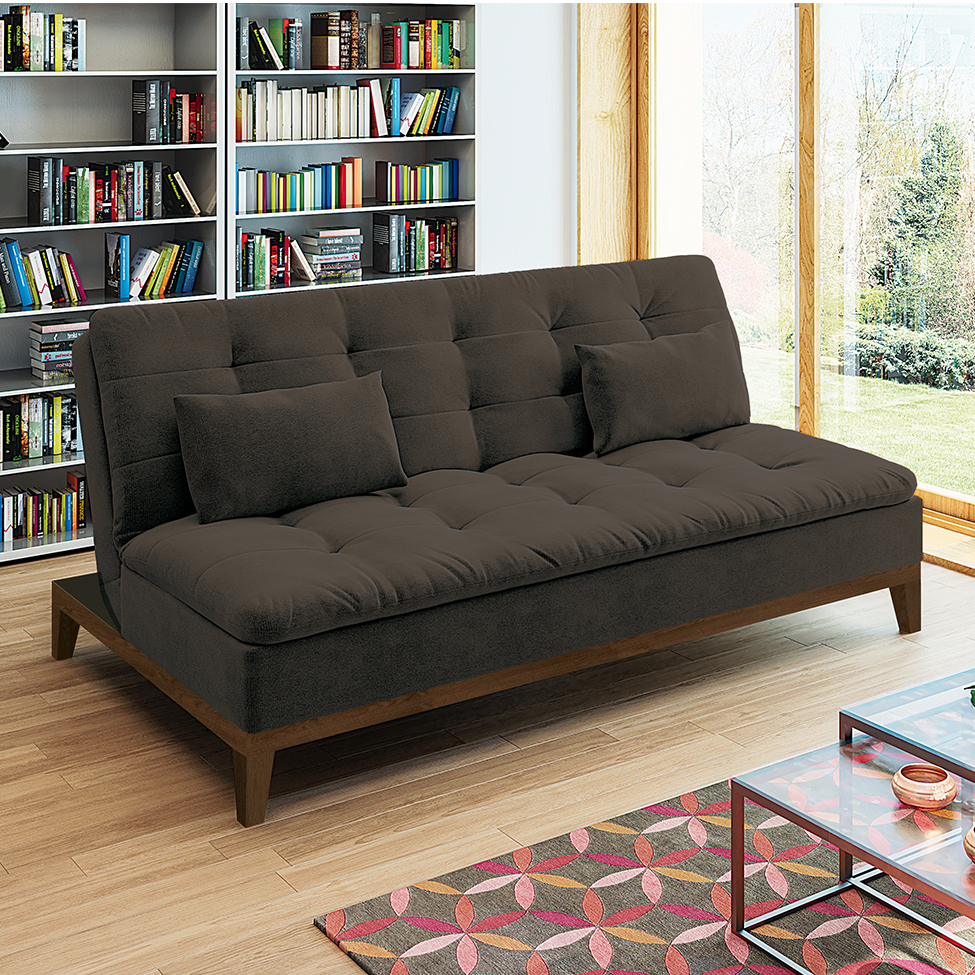 Sofá-Cama Casal 3 Lugares Premium Suede Pés de Madeira Café