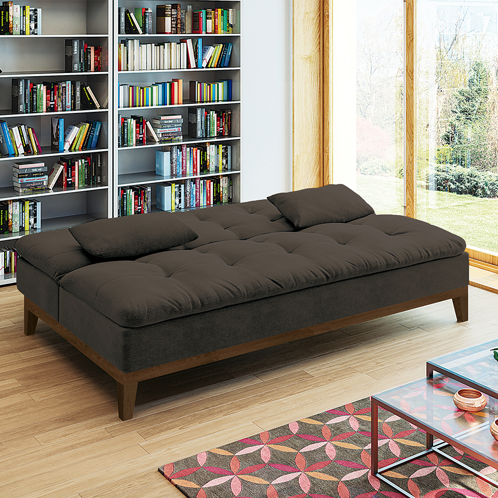 Sofá-Cama Casal 3 Lugares Premium Suede Pés de Madeira Café