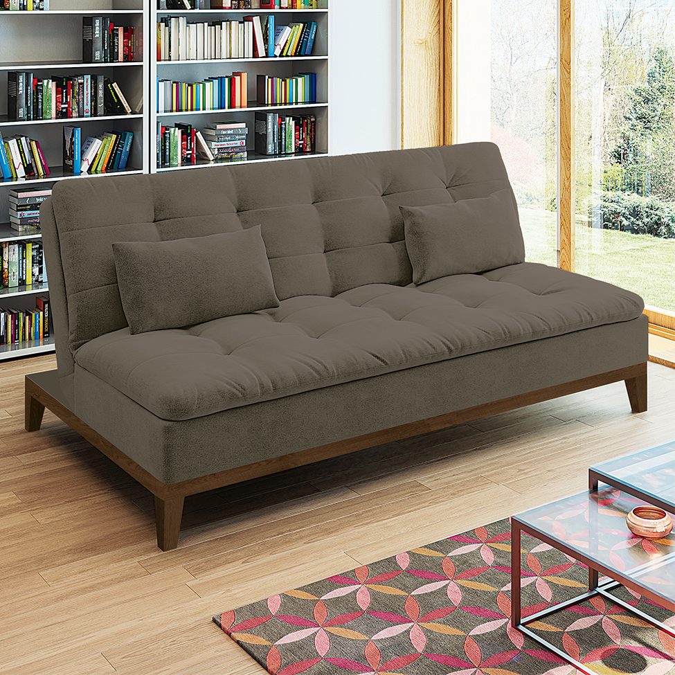 Sofá-Cama Casal 3 Lugares Premium Suede Pés de Madeira Marrom
