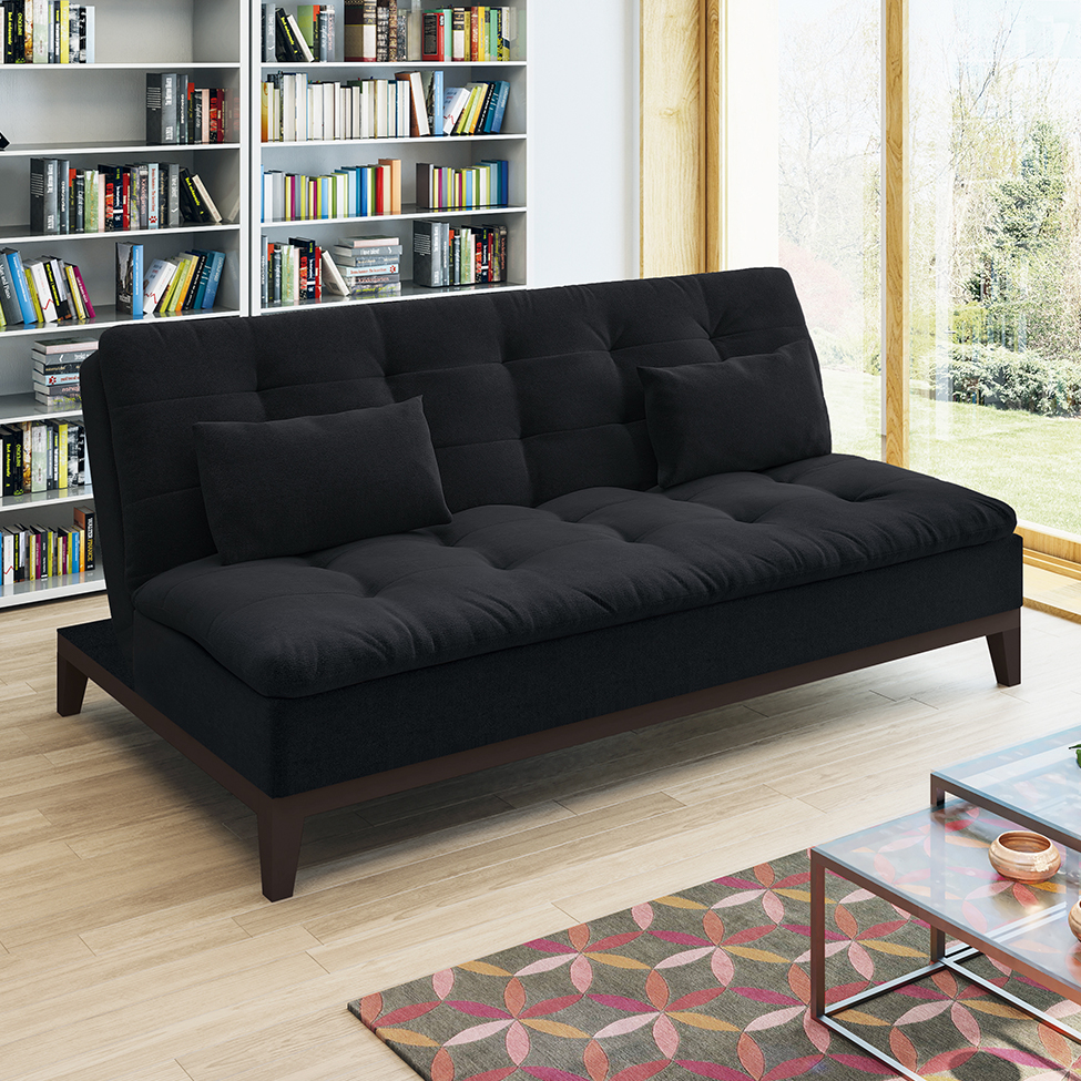 Sofá-Cama Casal 3 Lugares Premium Suede Pés de Madeira Preto